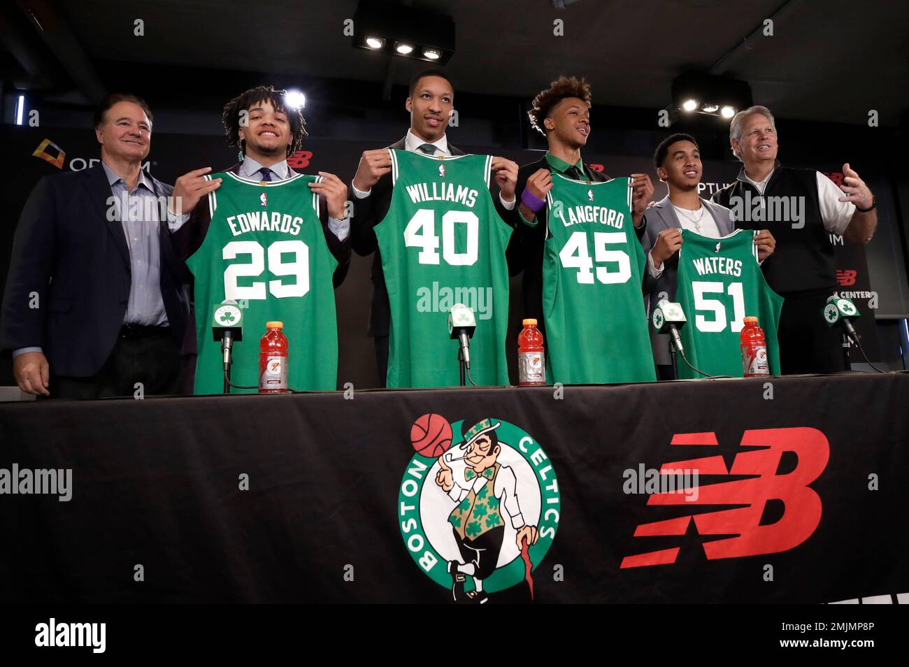 Boston Celtics 2019 basketball draft players show off their jerseys at a  news conference, Monday, June 24, 2019, in Boston. Players from left are  Carsen Edwards, Grant Williams, Romeo Langford and Tremont