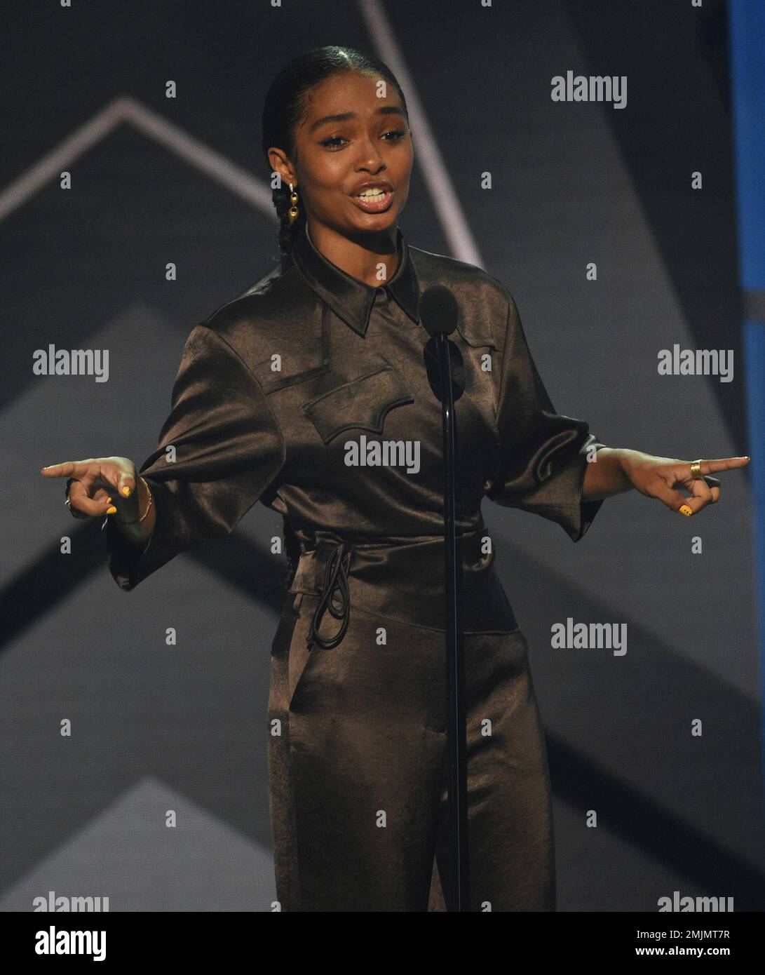 Yara Shahidi presents the best new artist award at the BET Awards on