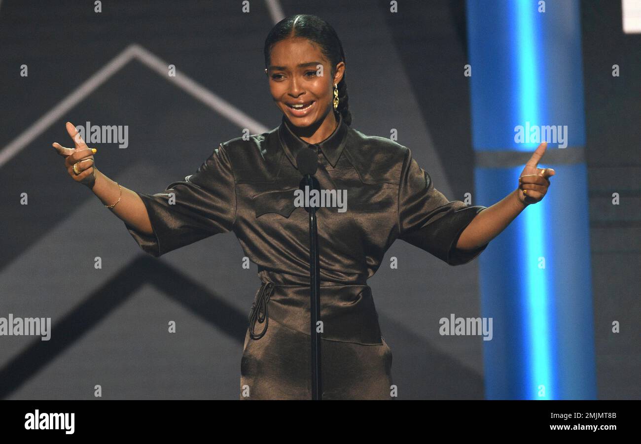 Yara Shahidi presents the best new artist award at the BET Awards on