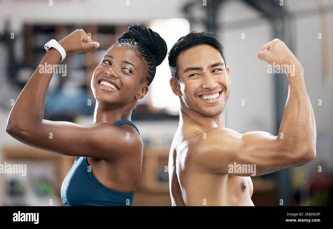 Fitness, black woman or couple of friends flexing muscles for body goals in training, workout or exercise. Coaching results, teamwork or sports Stock Photo