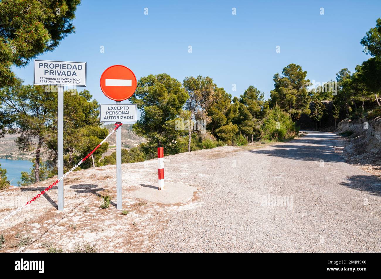Entry prohibited signal on the acces road for vehicles, Mequinenza castle, Aragon, Spain Stock Photo