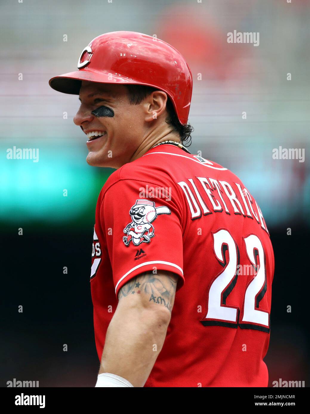 Cincinnati Reds' Derek Dietrich reacts in a baseball game against the  Houston Astros, Wednesday, June 19, 2019, in Cincinnati. The Reds won 3-2.  (AP Photo/Aaron Doster Stock Photo - Alamy