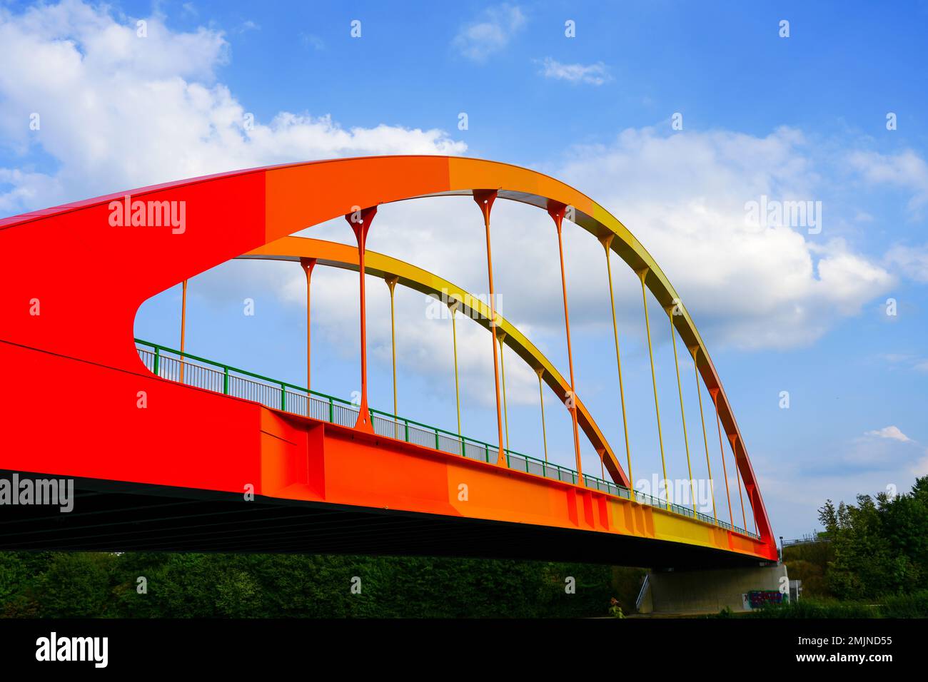 Bridge Dattelner Meerbogen near Datteln on the canal. Arched bridge in bright colors on the Dattelner Meer. Stock Photo