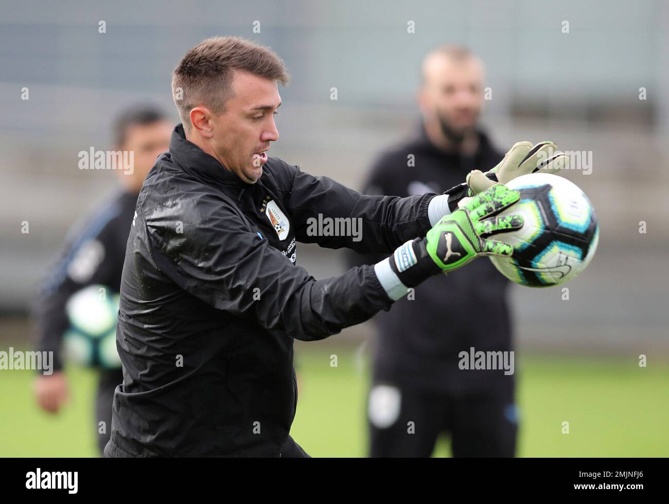 Uruguay goalkeeper Fernando Muslera catches a ball during a practice  session in Porto Alegre, Brazil, Wednesday, June 19, 2019. Uruguay will  face Japan tomorrow in a Copa America Group C soccer match. (