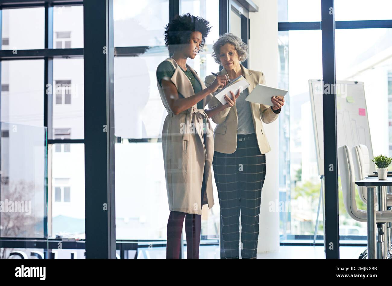 Together they are unbeatable. two businesswomen making notes while discussing something on a tablet. Stock Photo