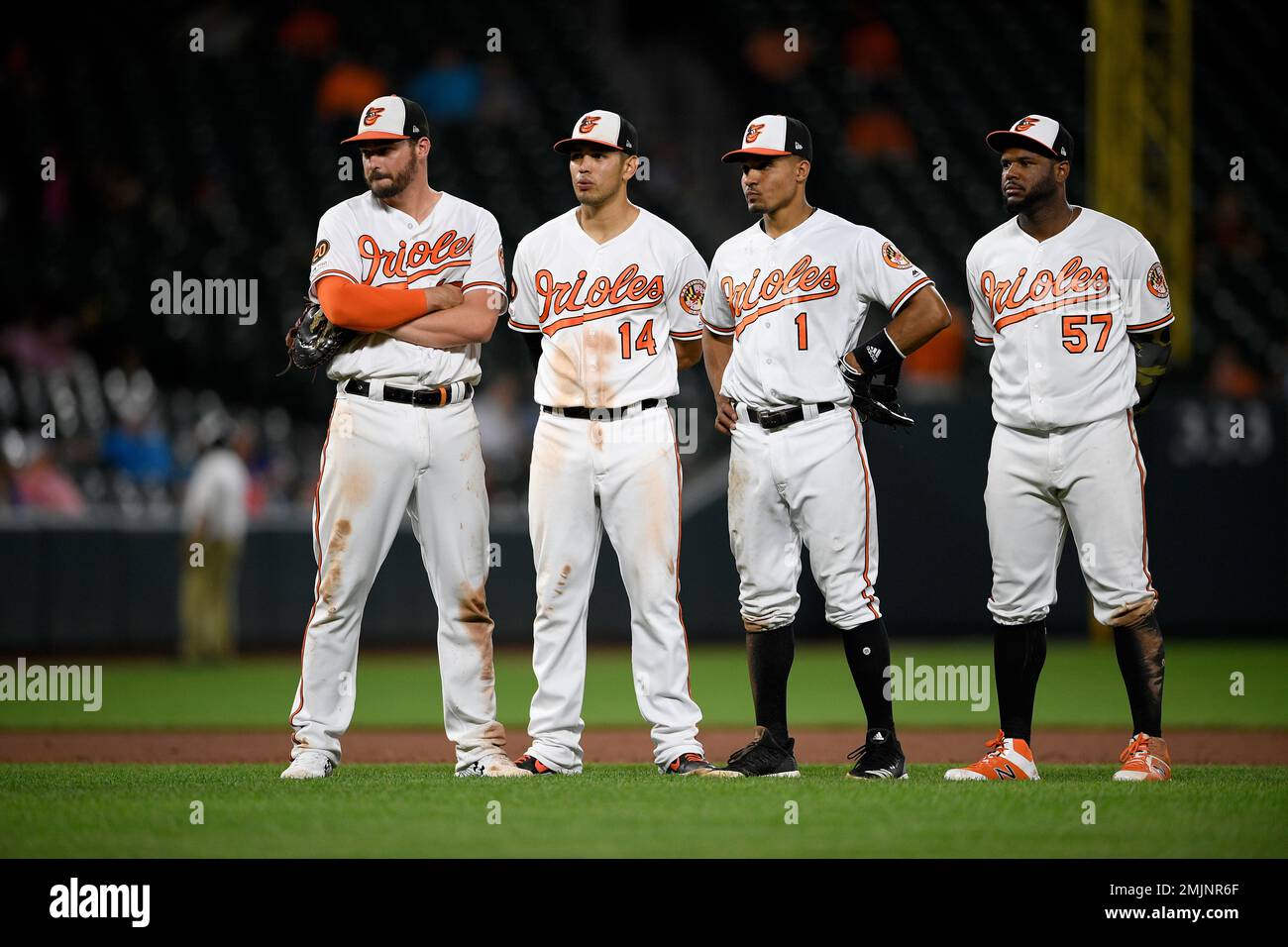 Baltimore Orioles' Trey Mancini (16), Rio Ruiz (14), Richie Martin