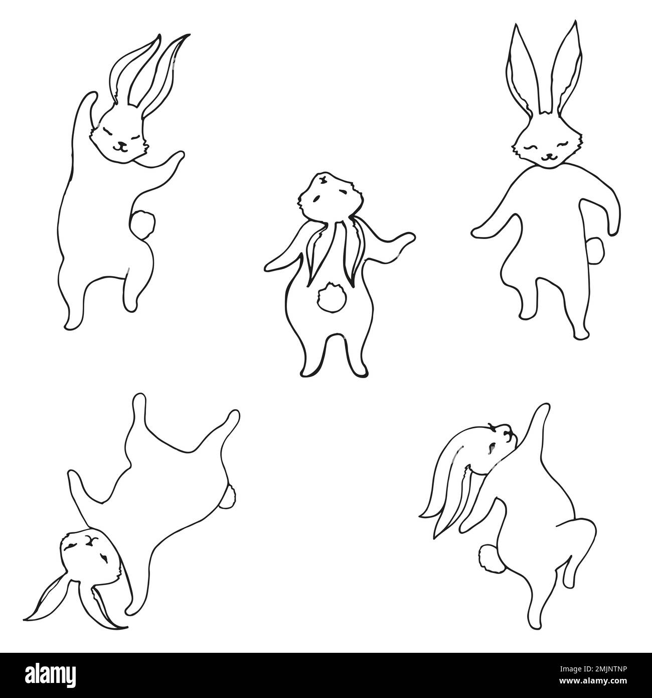 Coloring page with set rabbits funny dancing for kids and adult. Pattern isolated. Collection doodle cartoon happy animal. Hare symbol new year 2023. Stock Vector