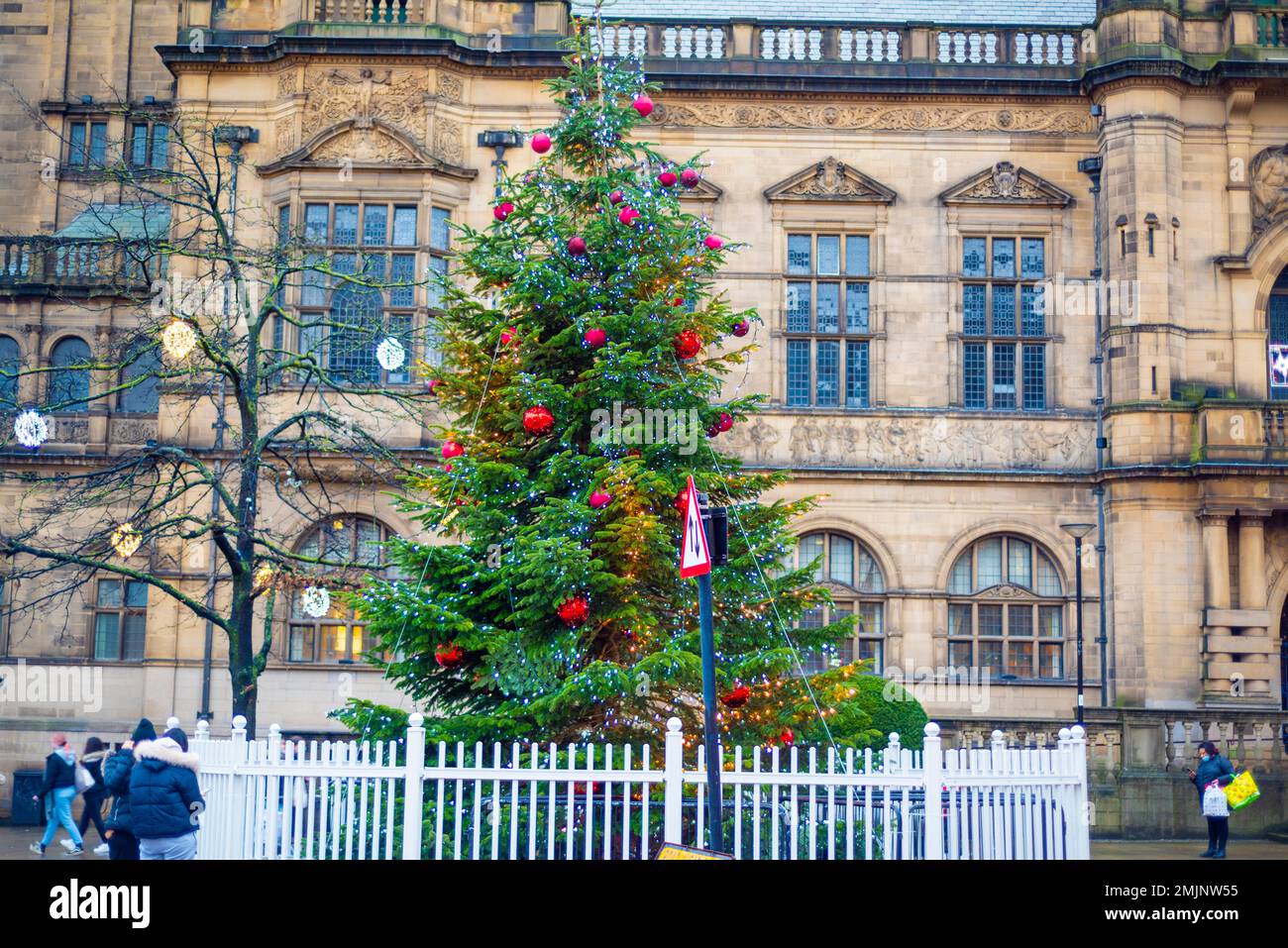 Yorkshire, UK – 21 Dec 2020: beautifully decorated Christmas tree in front of Sheffield Town Hall Stock Photo