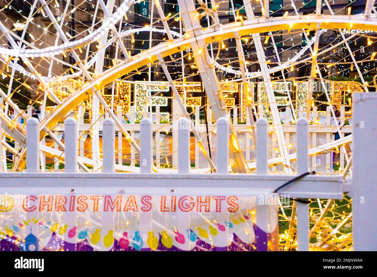 Yorkshire, UK – 21 Dec 2020: Sheffield lit up: close up on the Christmas illuminations at the Peace Gardens Stock Photo