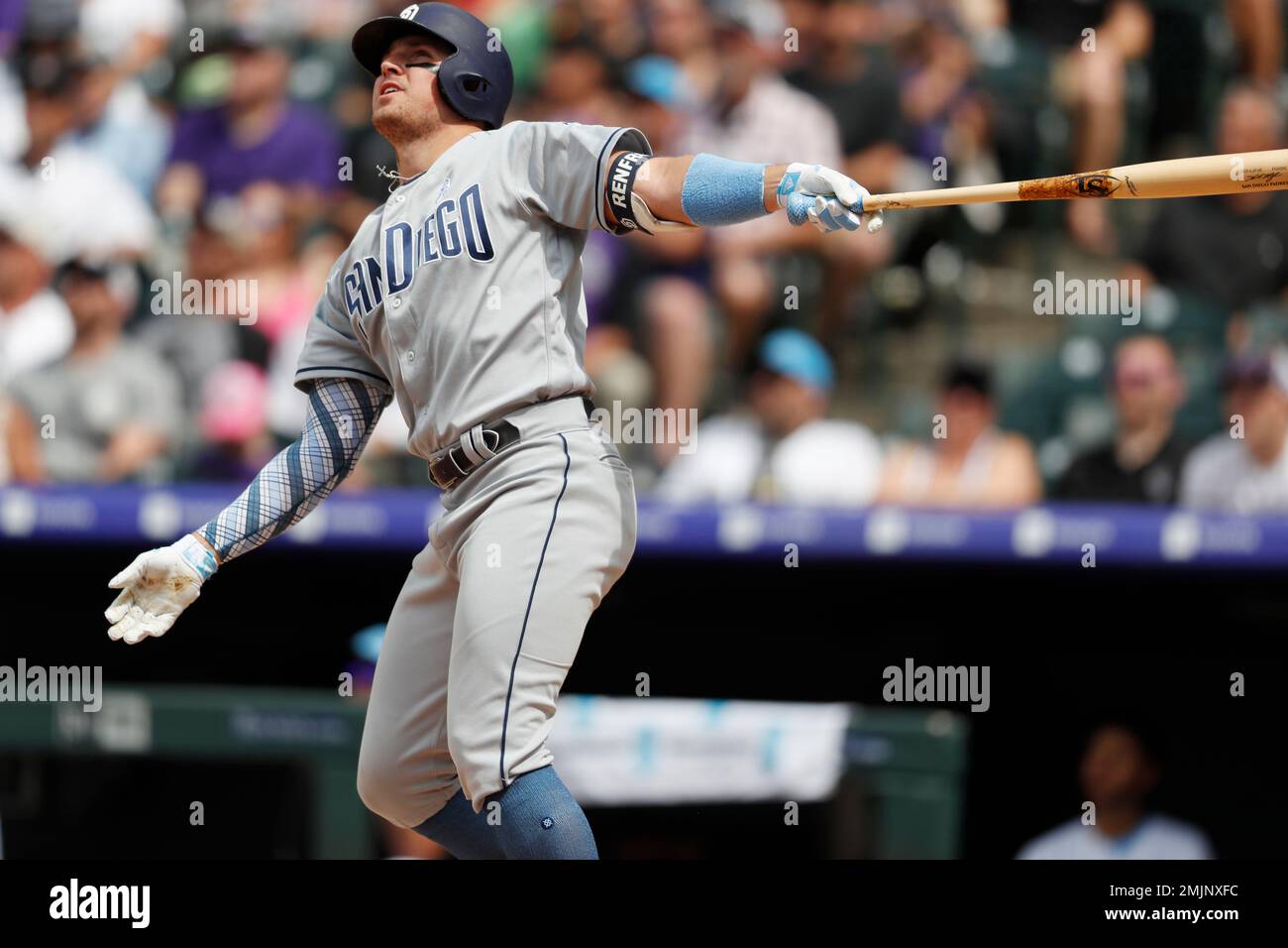 San Diego Padres right fielder Hunter Renfroe flies out against