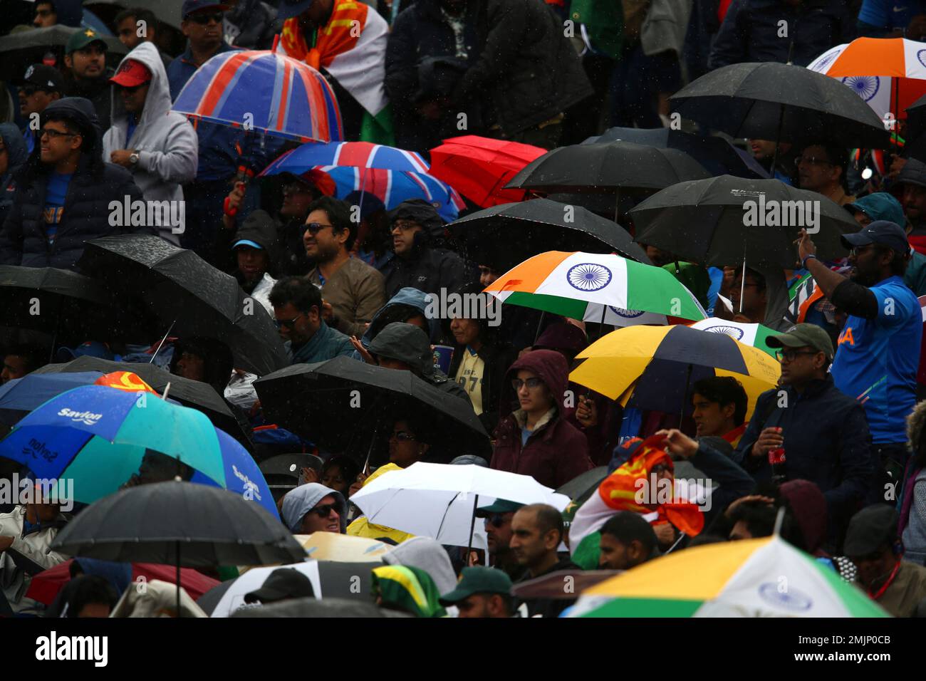 Cricket fans stand under umbrellas as rain stops play during the