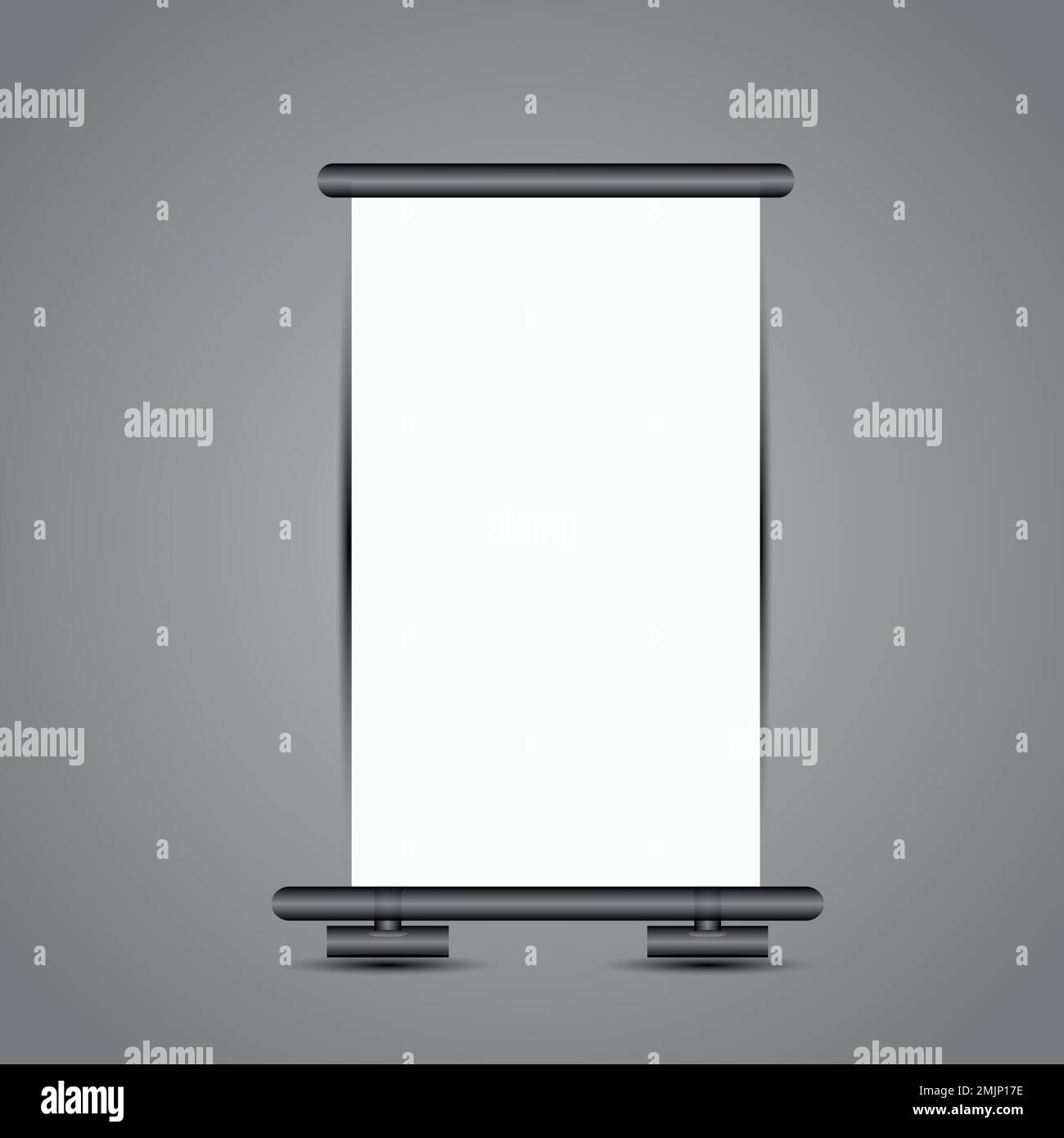 Roll-up banner stands isolated on transparent background. Vector empty white show display mockup for presentation or exhibition of your product. Vertical Stock Vector