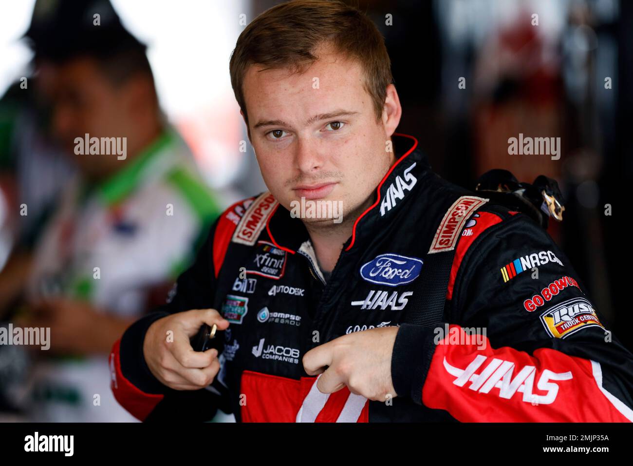 Cole Custer gets ready for practice for a NASCAR Xfinity Series auto race, Saturday, June 15, 2019, at Iowa Speedway in Newton, Iowa. (AP Photo/Charlie Neibergall) Stock Photo