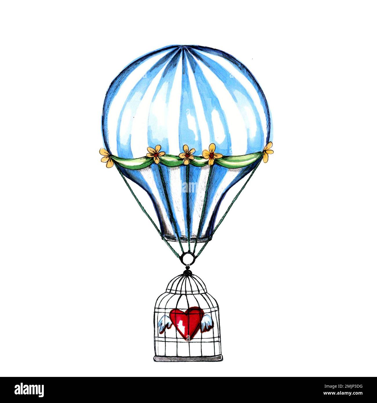 Watercolor hand drawn conceptual illustration of hot air ballon with a heart kept closed in a bird cage. Retro ,romantic for Valentines day card Stock Photo
