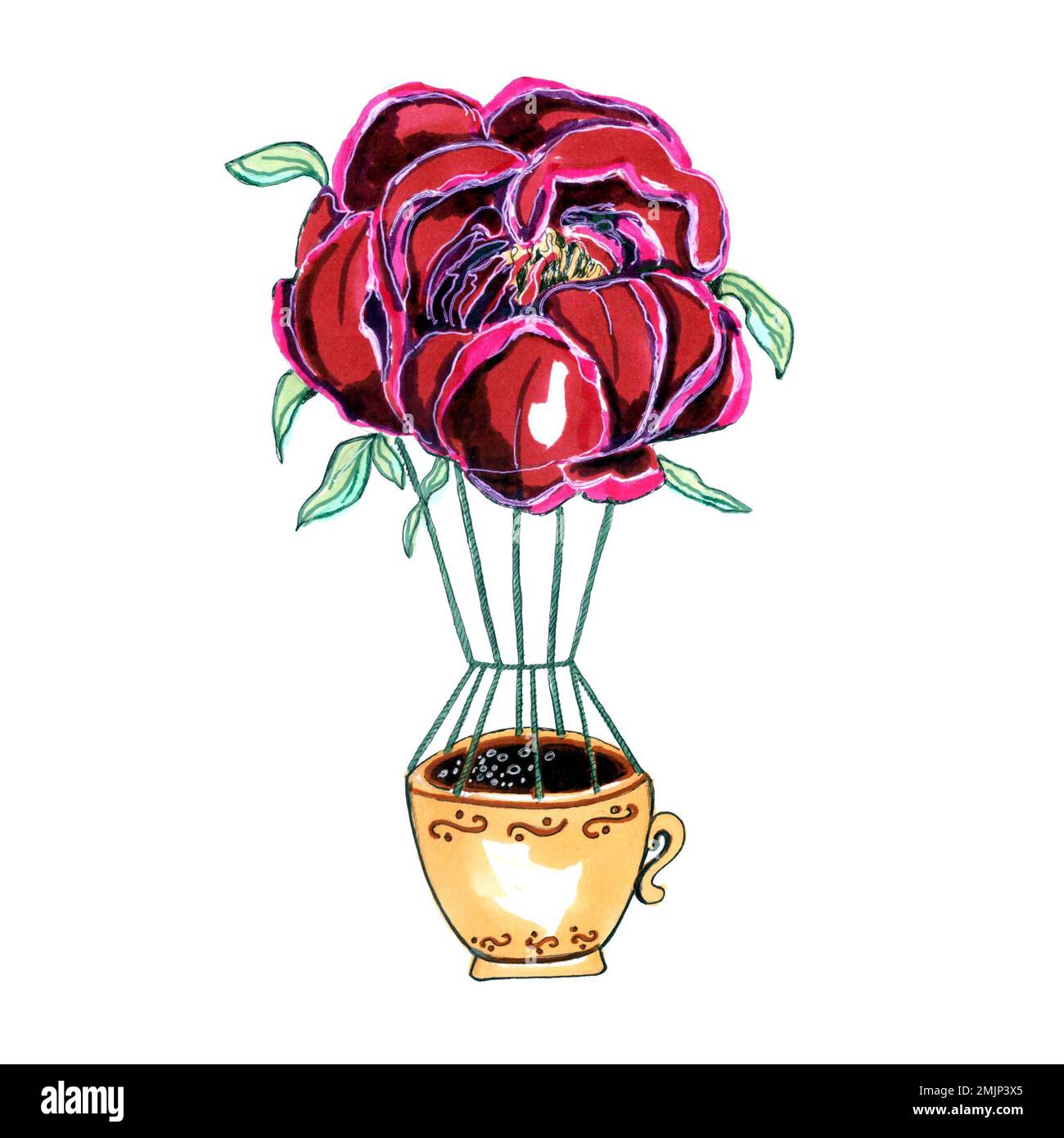 Watercolor hand drawn conceptual illustration of hot air ballon in the shape of peony flower and cup of coffee . Retro ,romantic for Valentines day Stock Photo