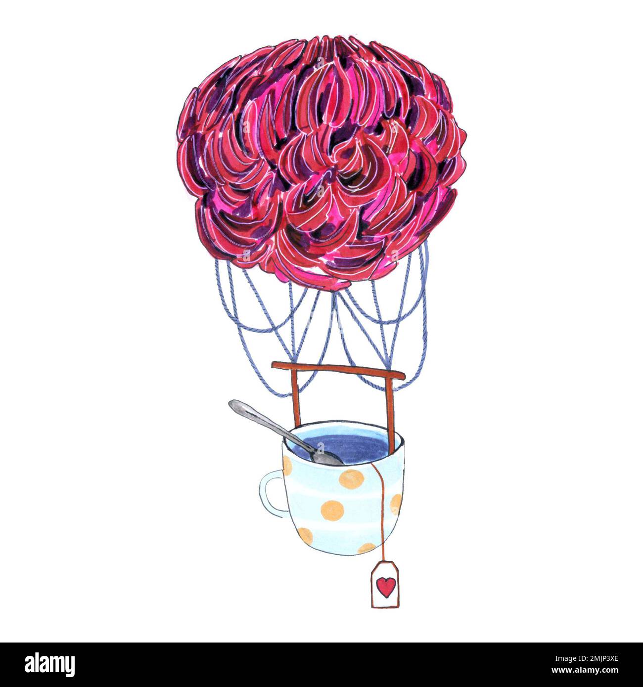 Watercolor hand drawn conceptual illustration of hot air ballon in the shape of peony flower and cup of tea . Retro ,romantic for Valentines day card Stock Photo