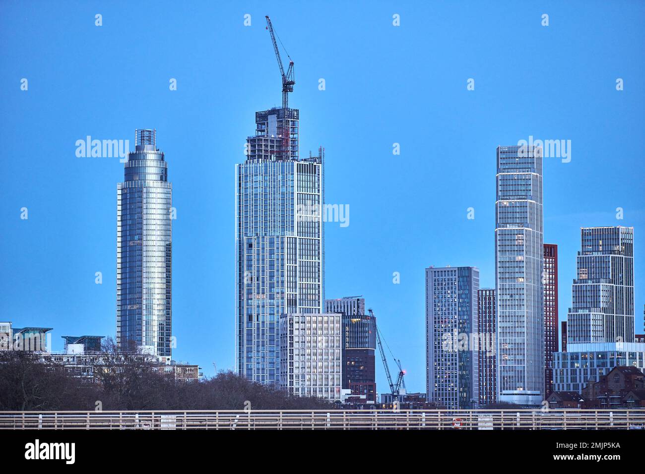 Skyline of riverside skyscrapers beside the bridge at Vauxhall over the river Thames, London, England. Stock Photo