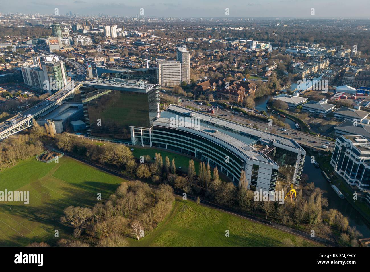 Aerial view of the GSK Head Office building in Brentford, West London, UK. Stock Photo