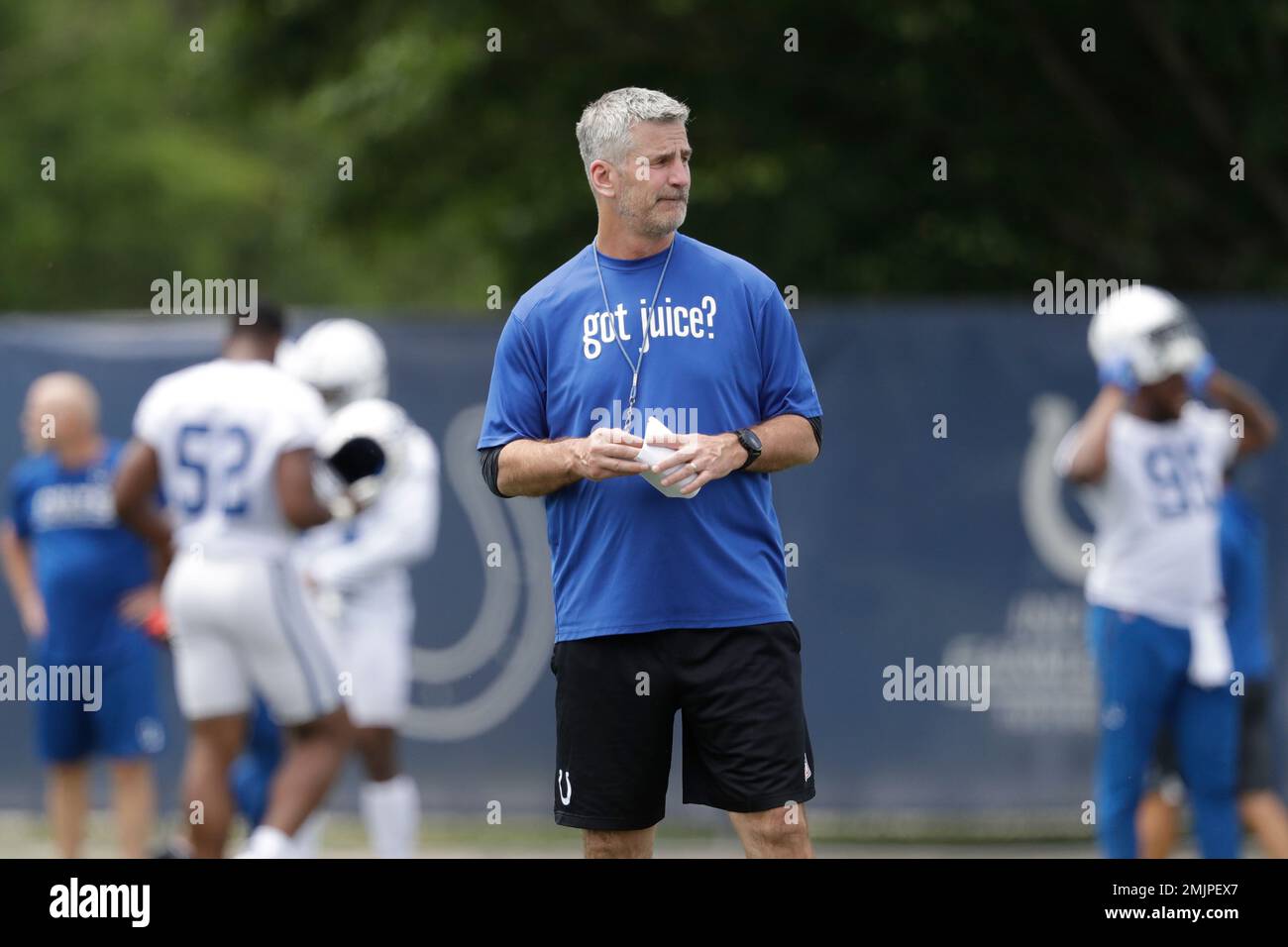 Indianapolis Colts head coach Frank Reich watches runs a drill at the team's NFL football training facility, Wednesday, June 12, 2019, in Indianapolis. (AP Photo/Darron Cummings) Stock Photo