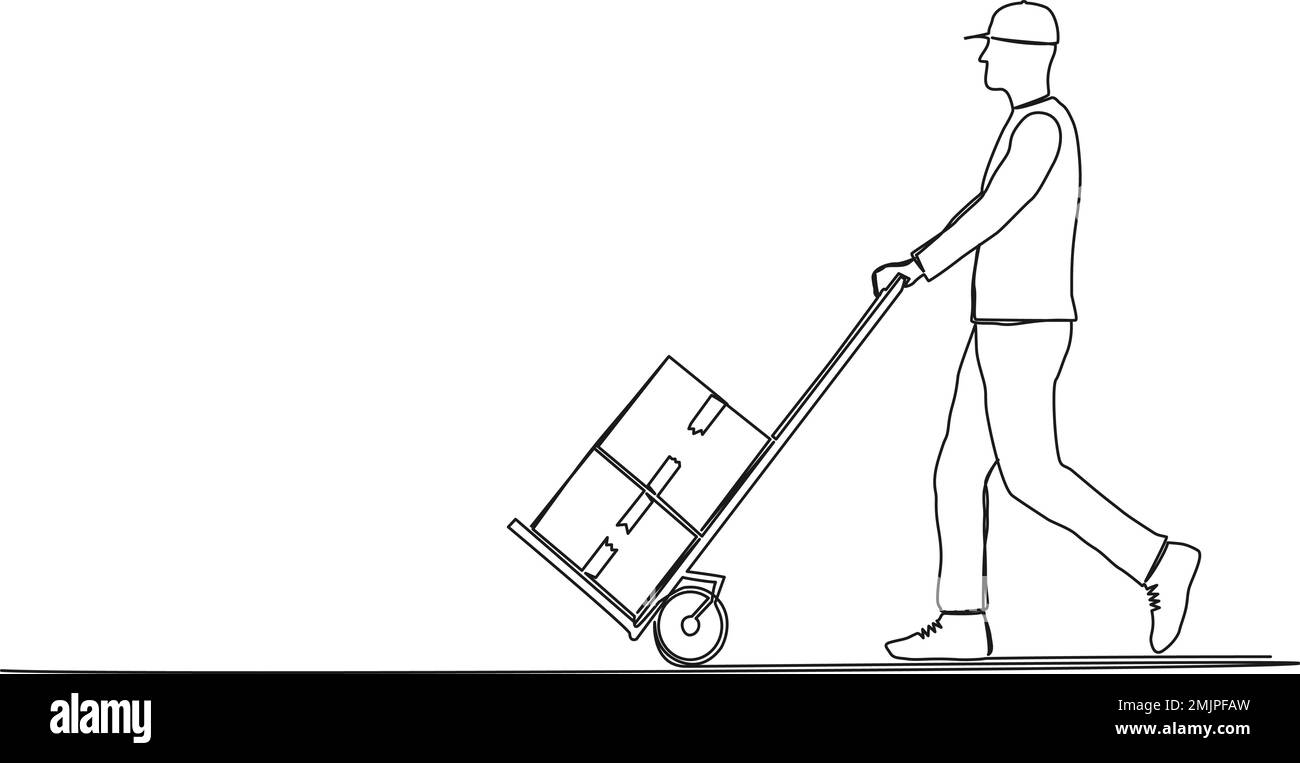 continuous single line drawing of parcel carrier or delivery driver with packages on hand truck, line art vector illustration Stock Vector