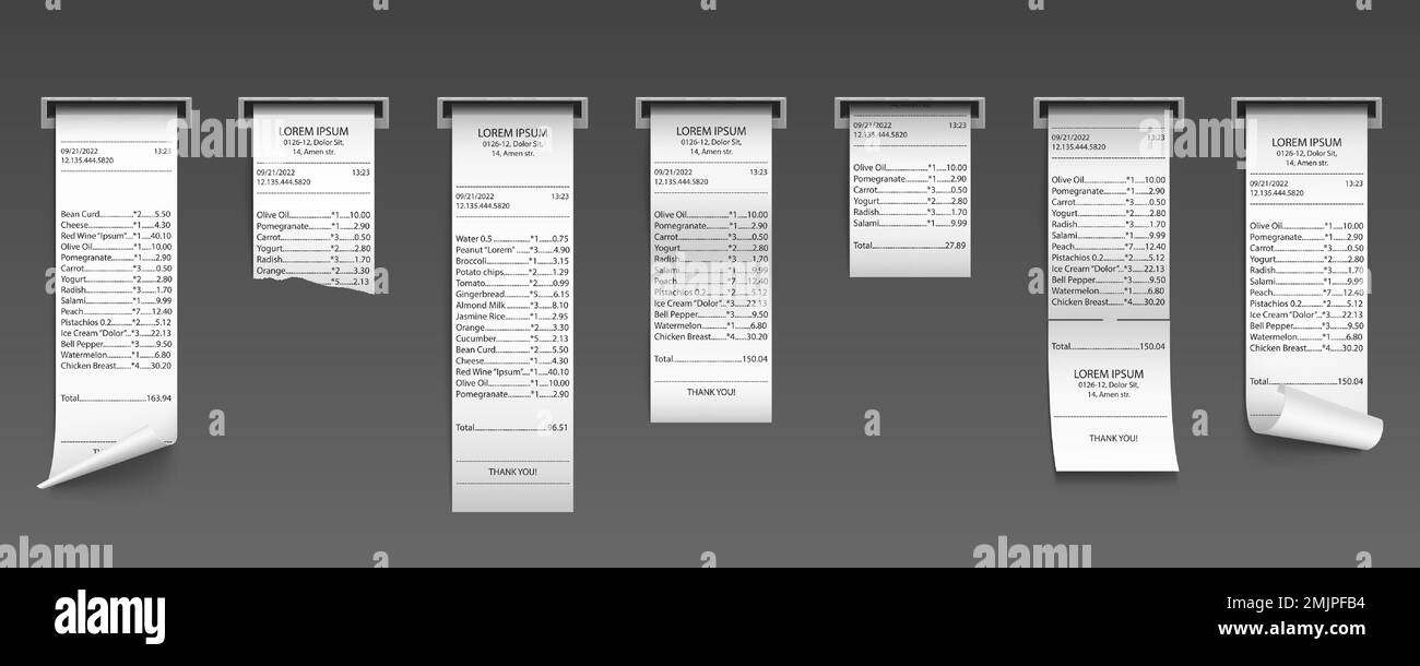 Realistic cash receipt out of slot, thermal paper bills, purchase invoice, retail sum check with money total cost, store sale payment. Isolated filled Stock Vector