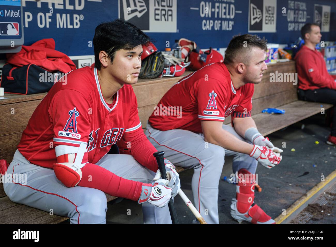 Seattle Mariners' Shohei Ohtani, left, and Mike Trout sit on the bench in  the dugout during a baseball game against the Seattle Mariners, Friday, May  31, 2019, in Seattle. The Mariners won
