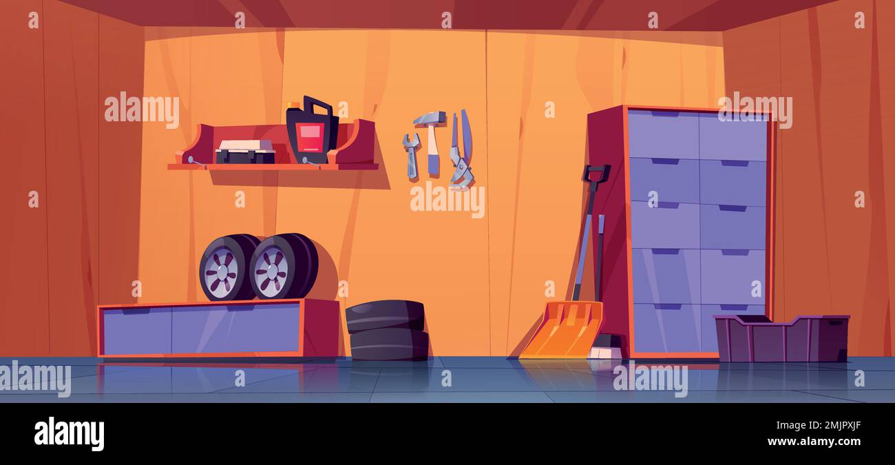 Garage interior design. Vector cartoon illustration of auto repair shop or storage room with car tires, tools, household equipment, oil can, shelves, Stock Vector
