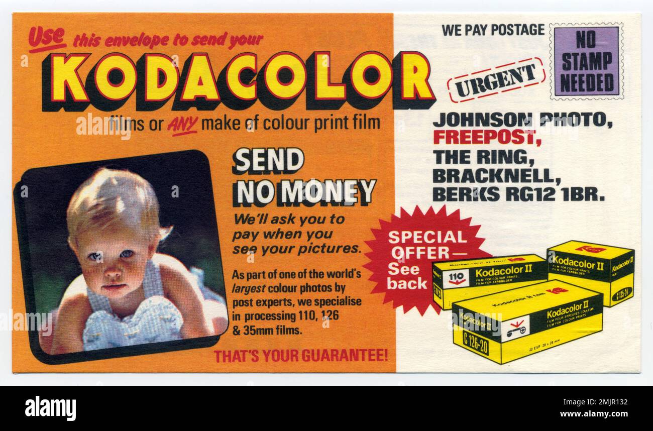 Vintage 1970s Kodacolor colour film processing envelope, front view Stock Photo