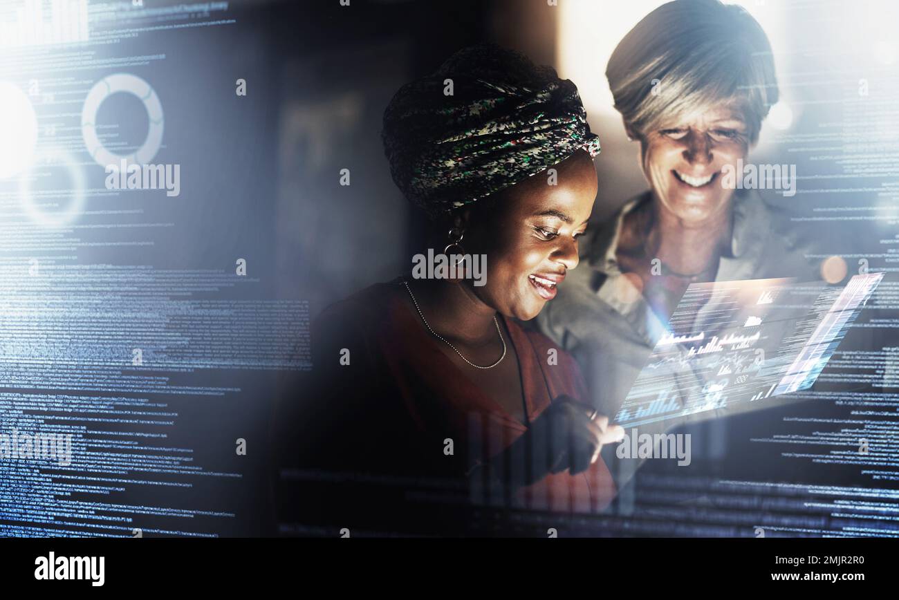 Overlay, fintech or business women on tablet for global finance on crypto, futuristic big data or financial growth. Happy or teamwork for economy Stock Photo