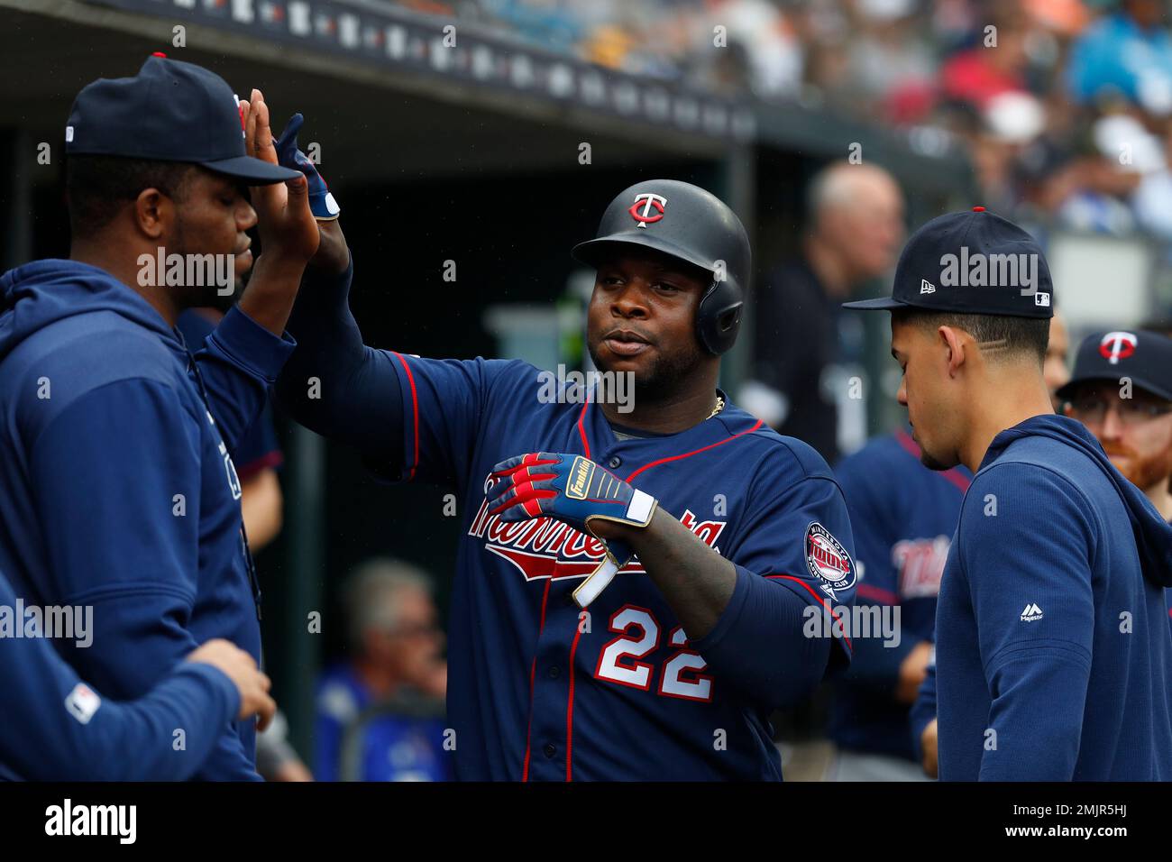 Minnesota Twins' Miguel Sano (22) celebrates his solo home run in the  fourth inning of a baseball game against the Detroit Tigers in Detroit,  Sunday, June 9, 2019. (AP Photo/Paul Sancya Stock