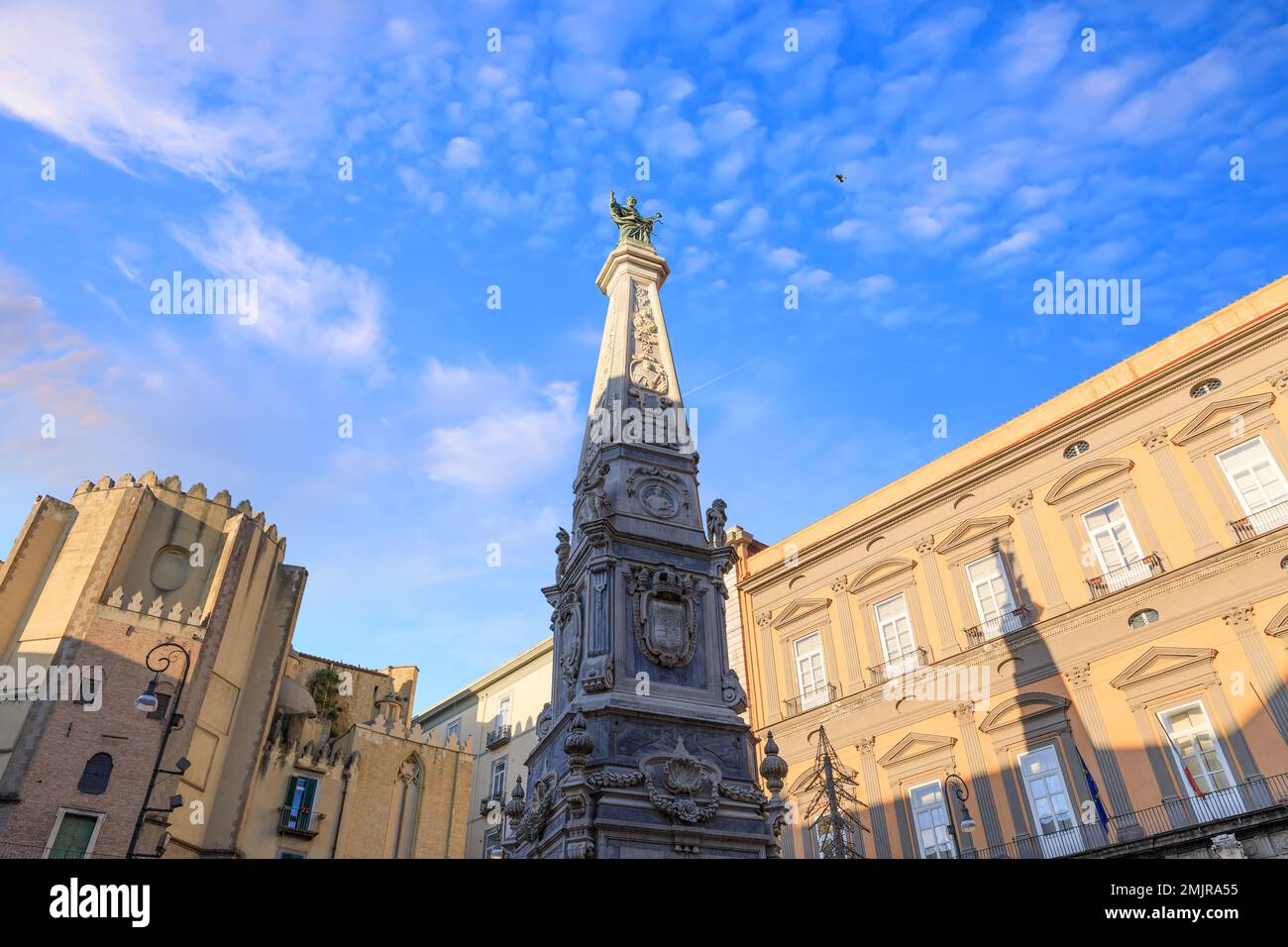 View of the Piazza San Domenico Maggiore, one of the most important squares in the historical center of Naples. Stock Photo
