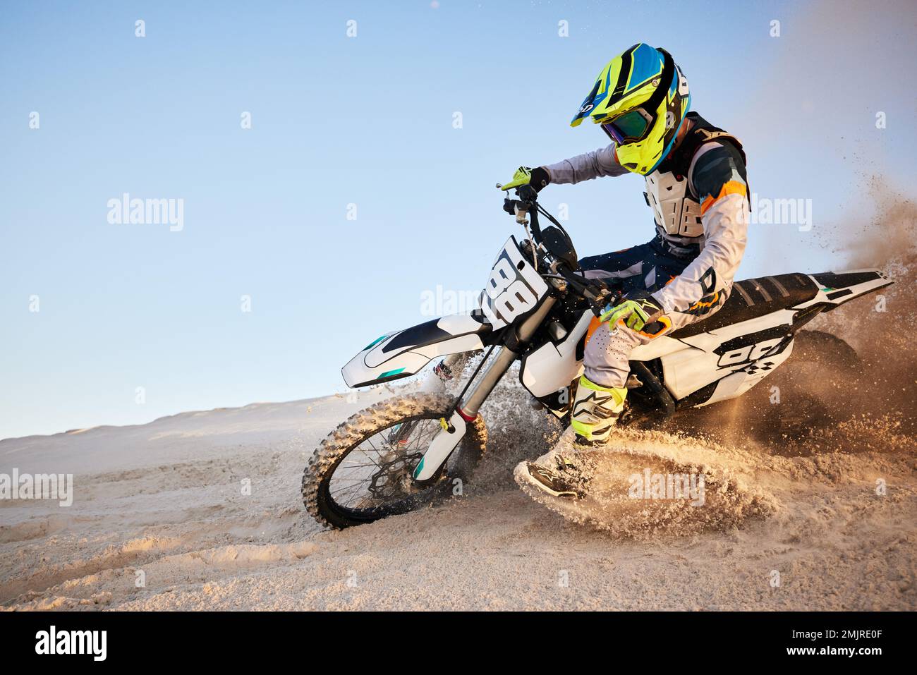 Desert, moto cross or sports adventure athlete in sand for exercise,  workout or speed. Travel, dirt and bike with energy of man in Dubai race on  dirt Stock Photo - Alamy