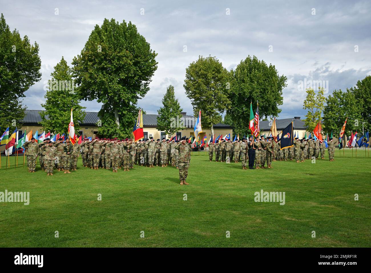 U.S. Army Southern European Task Force, Africa (SETAF-AF) Soldiers stand in formation during the SETAF-AF change of responsibility at Caserma Ederle in Vicenza, Italy, September 1, 2022. Command Sergeant Major Reese W. Teakell assumed responsibility from Command Sergeant Major Charles W. Gregory, Jr., the outgoing Command Sergeant Major. Stock Photo