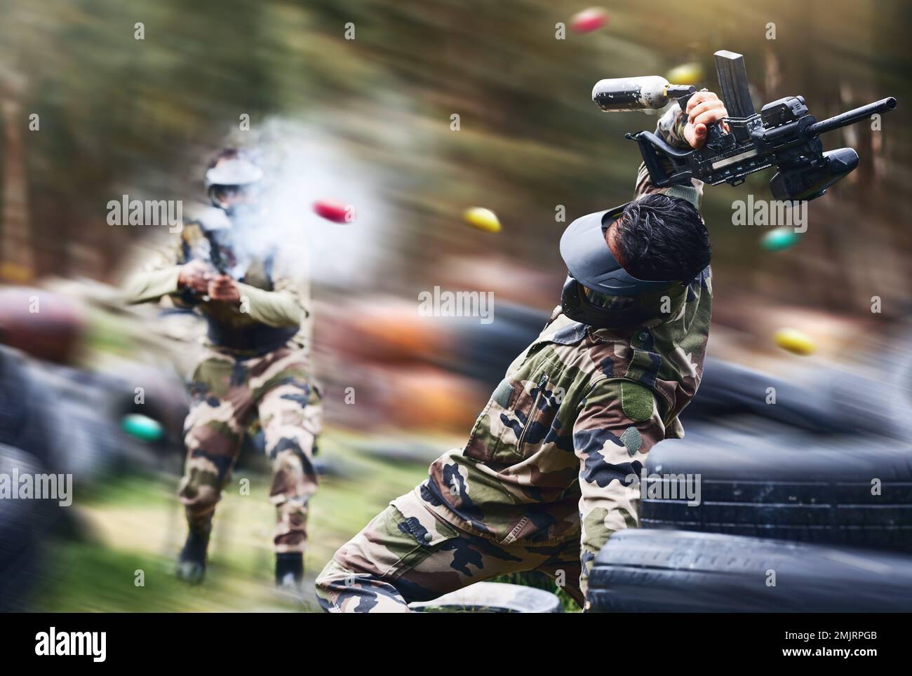 Paintball, sport and action with gun for shooting, speed and military