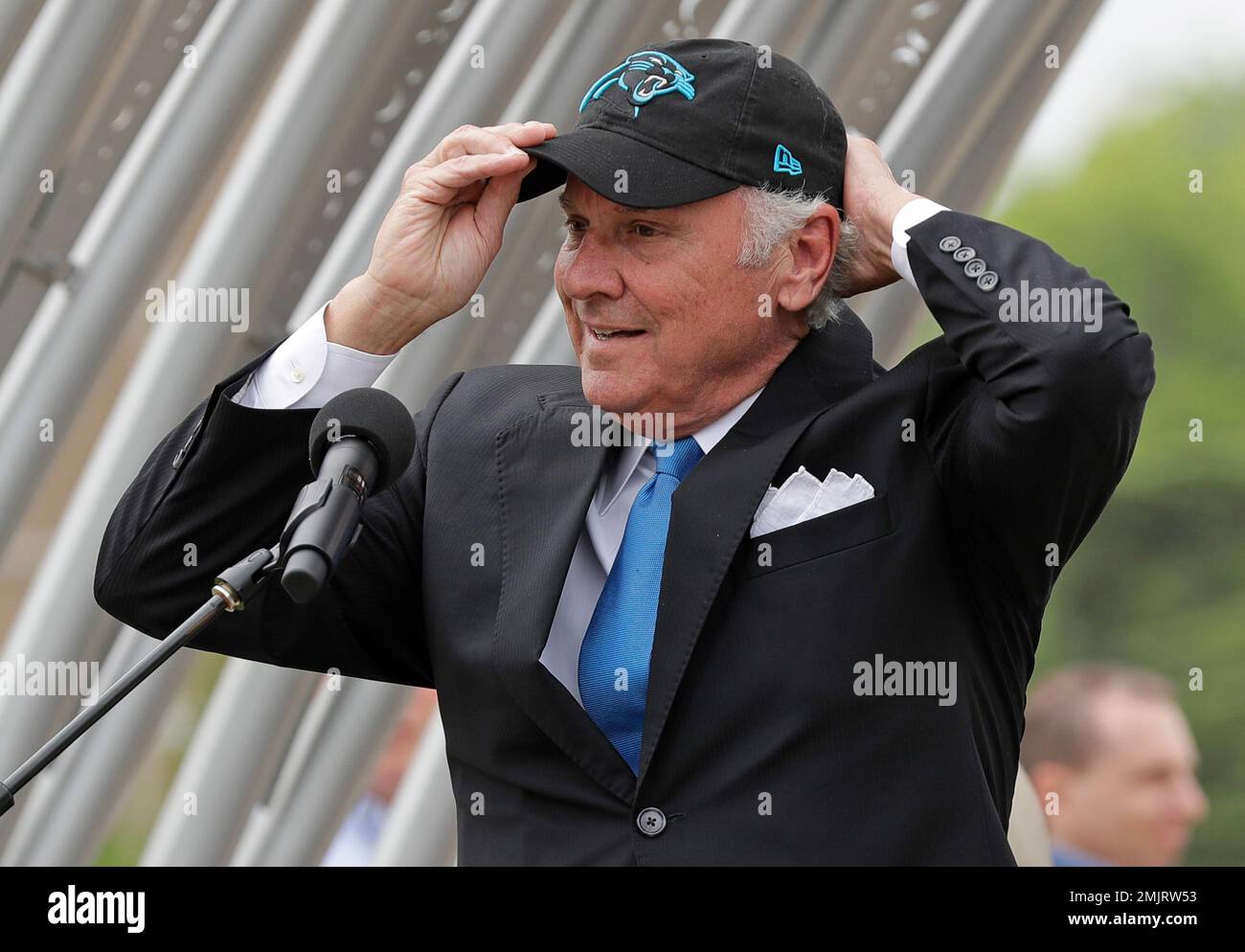 South Carolina Gov. Henry McMaster puts on a Carolina Panthers hat as he  speaks during a ceremony in Rock Hill, S.C., Wednesday, June 5, 2019. The  Panthers are planning on building a