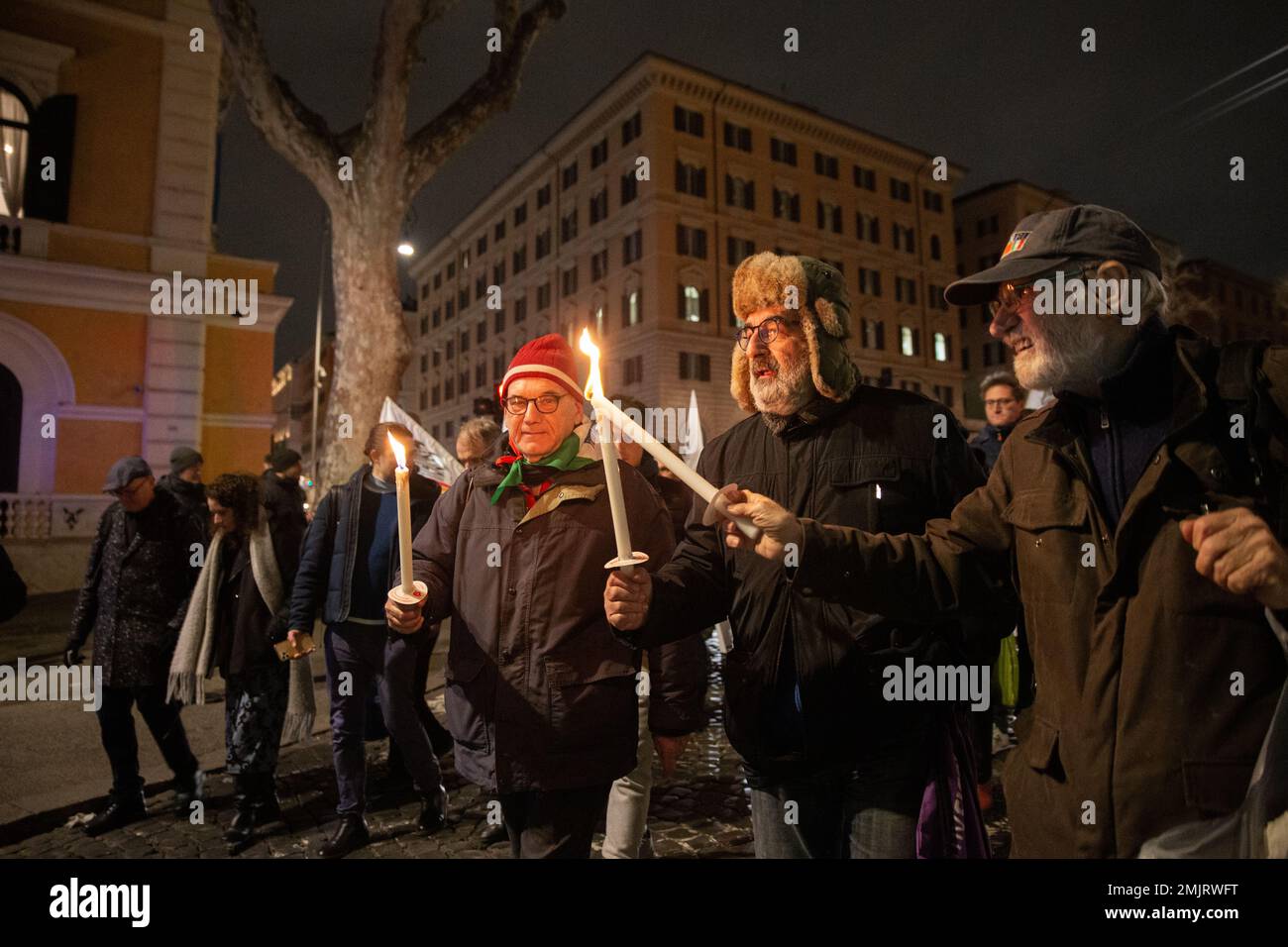Rome, Italy. 27th Jan, 2023. Torchlight procession on the occasion of Holocaust Remembrance Day to remember the massacres carried out by Nazi-fascism against Rom-Sinti people, homosexuals and disabled people (Photo by Matteo Nardone/Pacific Press) Credit: Pacific Press Media Production Corp./Alamy Live News Stock Photo