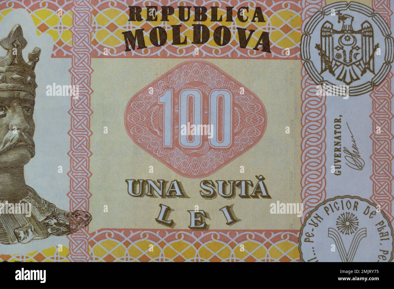 A Magnified Look at a 100 Moldovan Lei Banknote close up Stock Photo