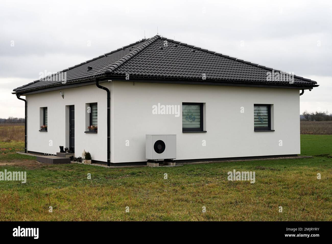 Heat pump outdoor unit in modern new house of future using green