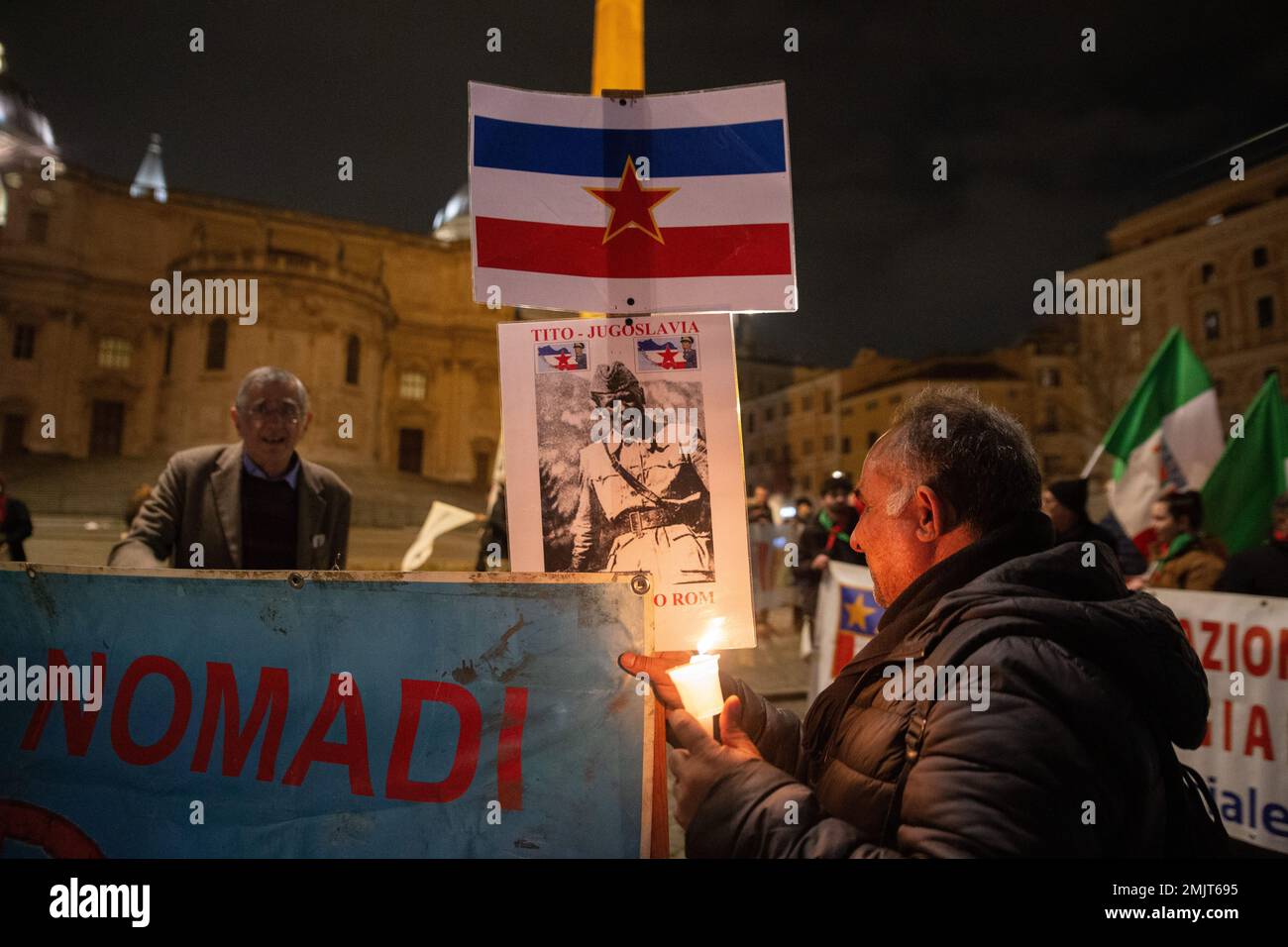 Rome, Italy. 27th Jan, 2023. Torchlight procession on the occasion of Holocaust Remembrance Day to remember the massacres carried out by Nazi-fascism against Rom-Sinti people, homosexuals and disabled people (Credit Image: © Matteo Nardone/Pacific Press via ZUMA Press Wire) EDITORIAL USAGE ONLY! Not for Commercial USAGE! Stock Photo