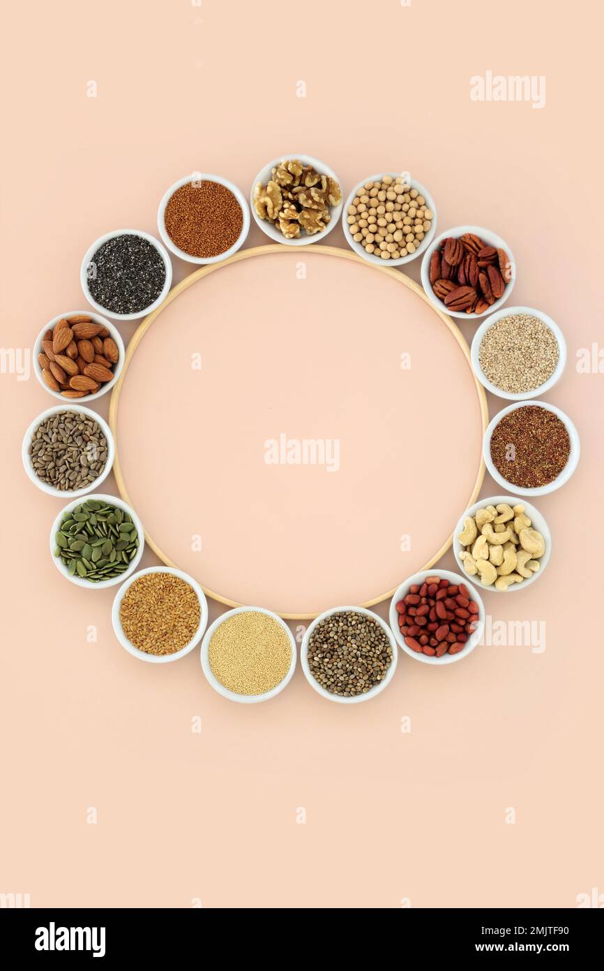 Wreath of health food ingredients high in essential fatty acids. Lipids