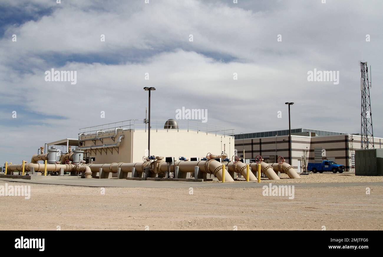 In this May 2, 2019 photo, a desalination plant stands in El Paso, Texas.  Texas officials are struggling to ensure that they can sate everyone's  thirst as about 1,000 people arrive each