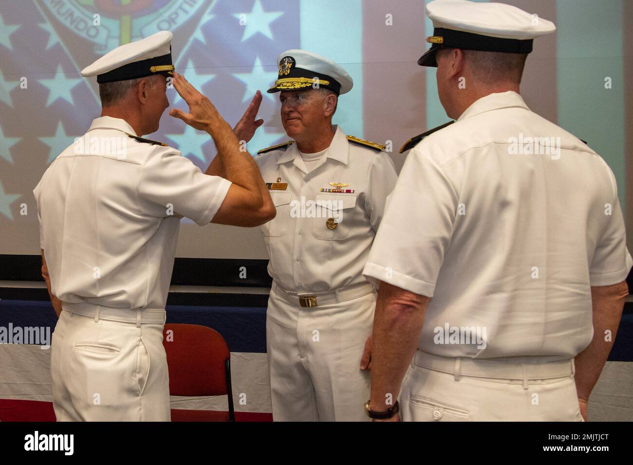 Rear Adm. Jeffrey Anderson, commander, Carrier Strike Group (CSG) 3, salutes Vice Adm. Michael Boyle, commander, U.S. 3rd Fleet, during a change of command ceremony held on Naval Base Kitsap-Bremerton Sept. 1, 2022. Anderson served as commander of CSG-3 from July 2021 to September 2022, and will report to U.S. Indo-Pacific Command as the director of operations for his next assignment. Stock Photo