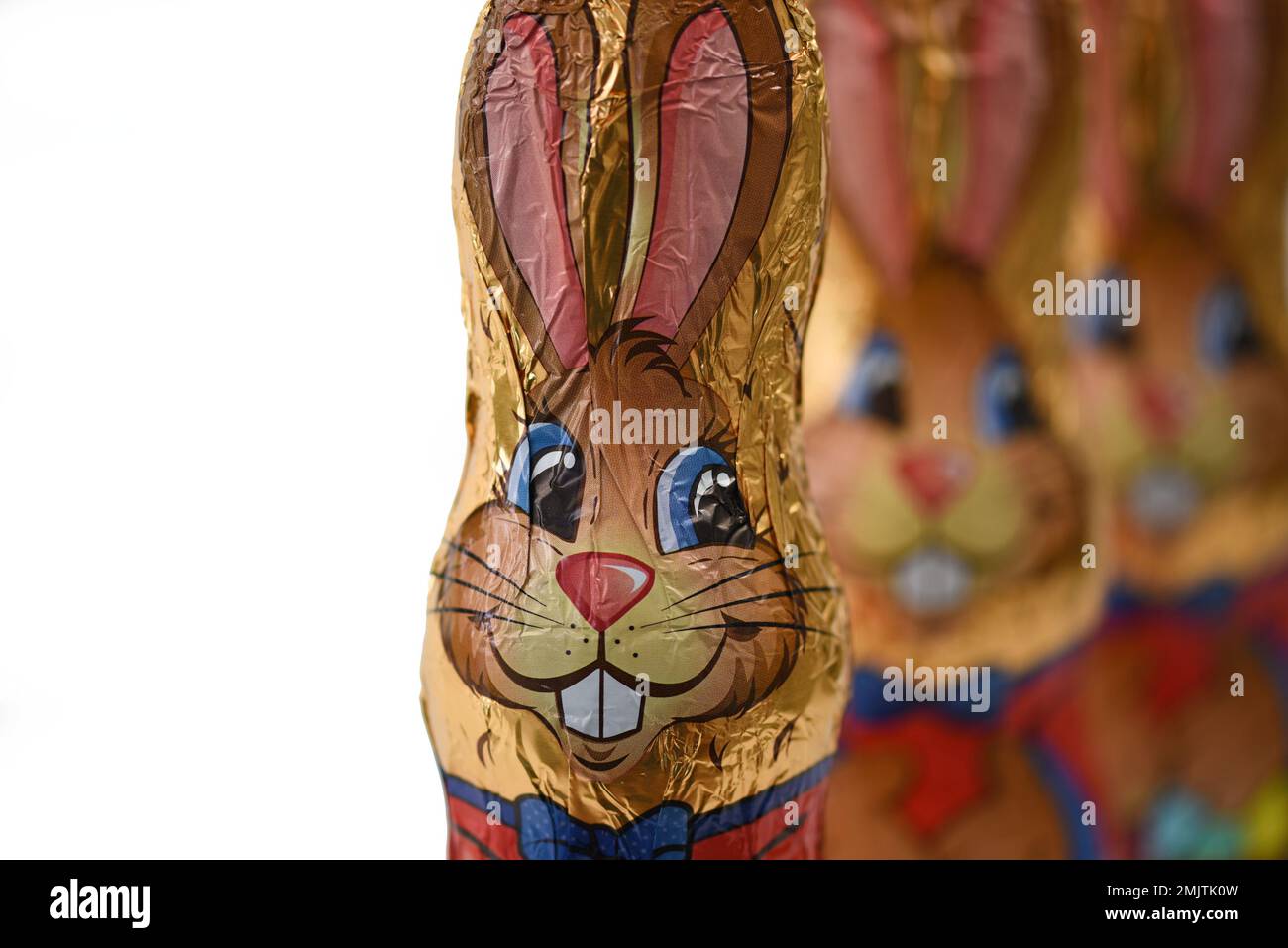 Den Helder, Netherlands. January 2023. Easter bunnies and Easter eggs in colorful tinfoil. High quality photo Stock Photo