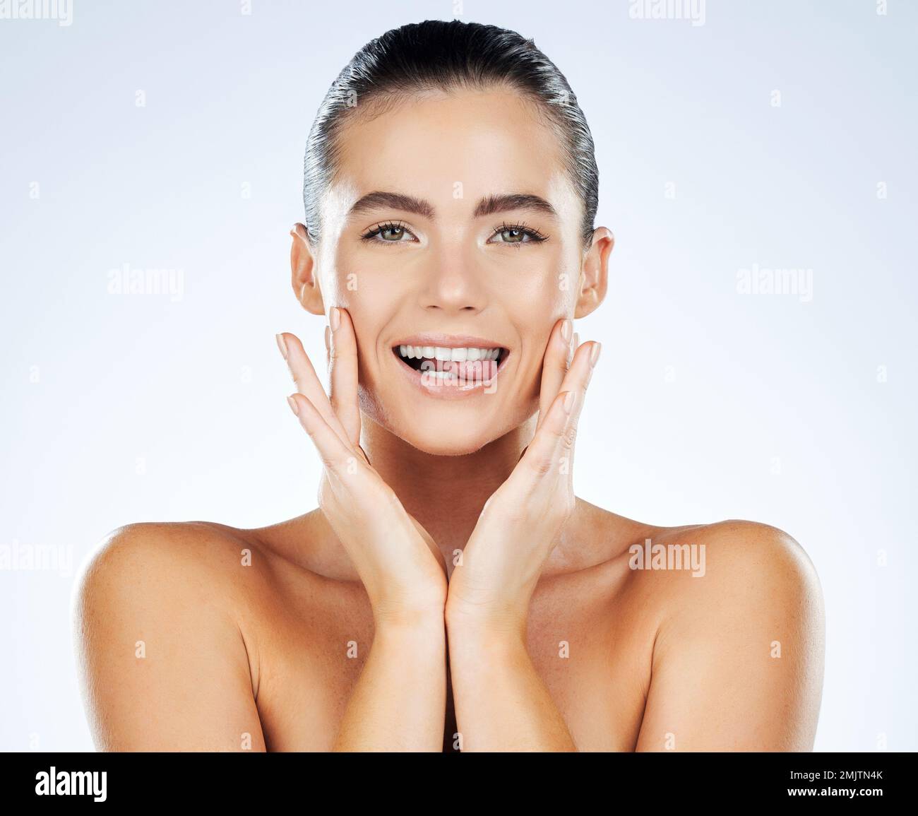 Beauty, face and skincare portrait of a woman in studio with natural