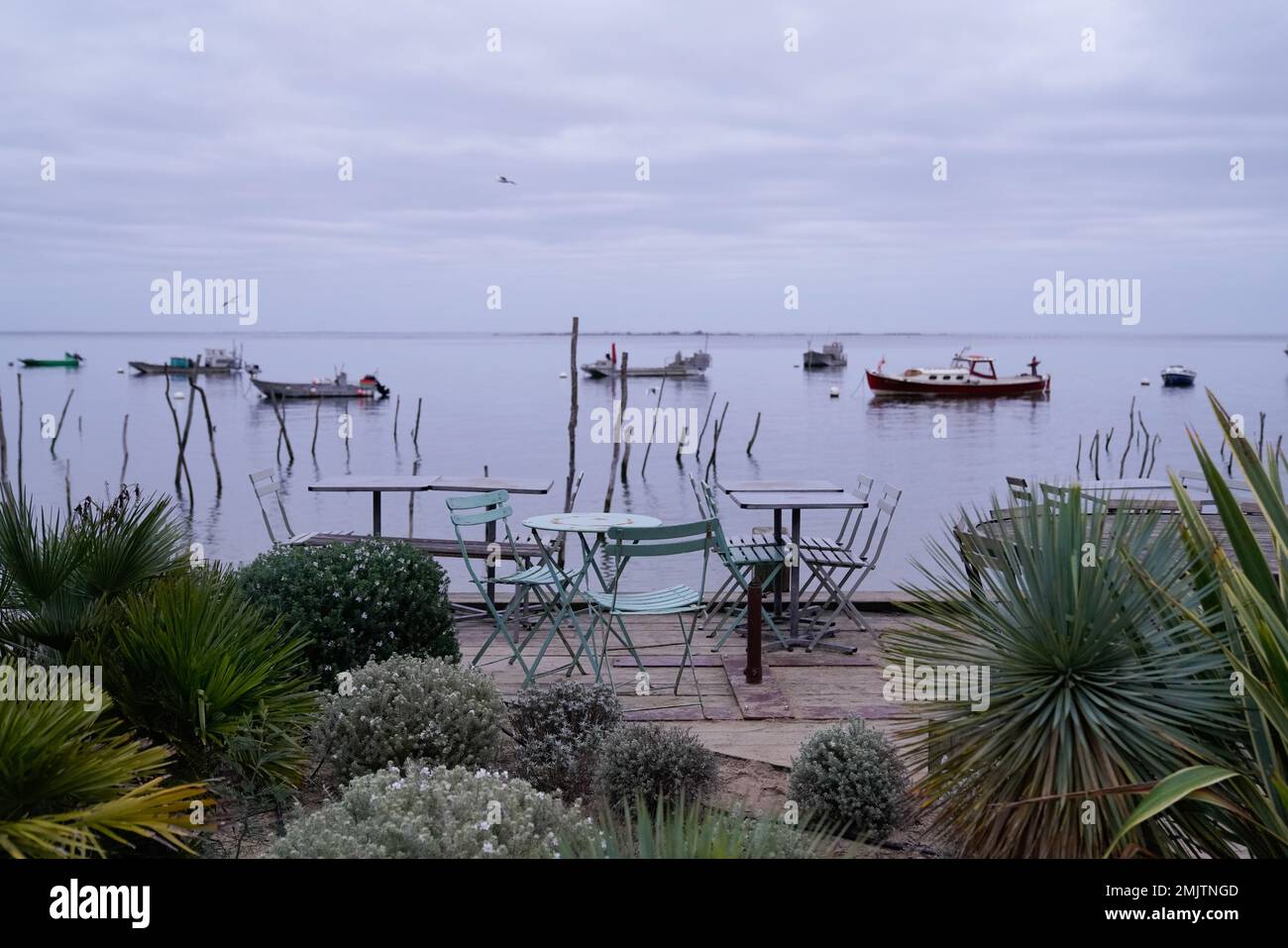 restaurant terrace at an oyster farmer in arcachon basin france Stock Photo