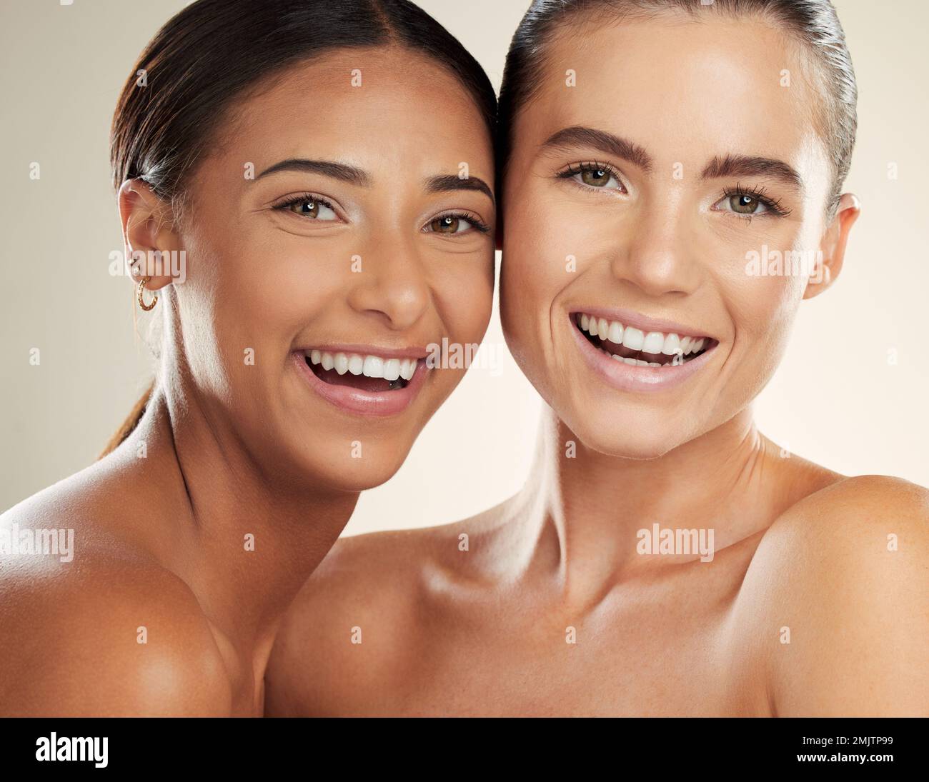 Beauty, smile and portrait of diversity women with natural cosmetics, healthy skincare glow or luxury self care. Dermatology, spa salon or aesthetic Stock Photo
