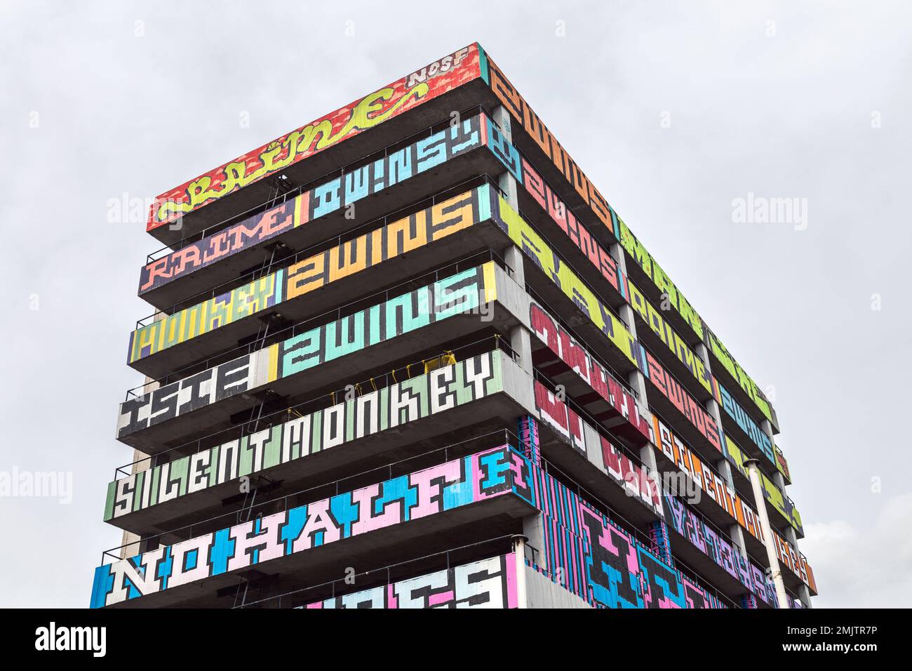 Abandoned Great Eastern Street Car Park covered in colourful graffiti, Shoreditch, London, UK Stock Photo