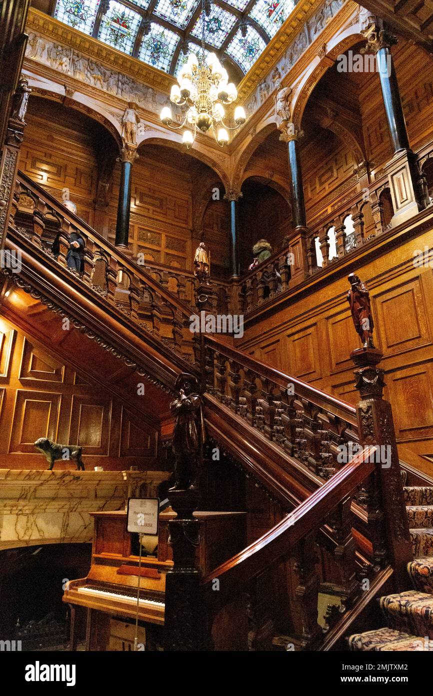 Mahogany staircase with black marble columns at historic 19th century Two Temple Place, Temple, London, UK Stock Photo