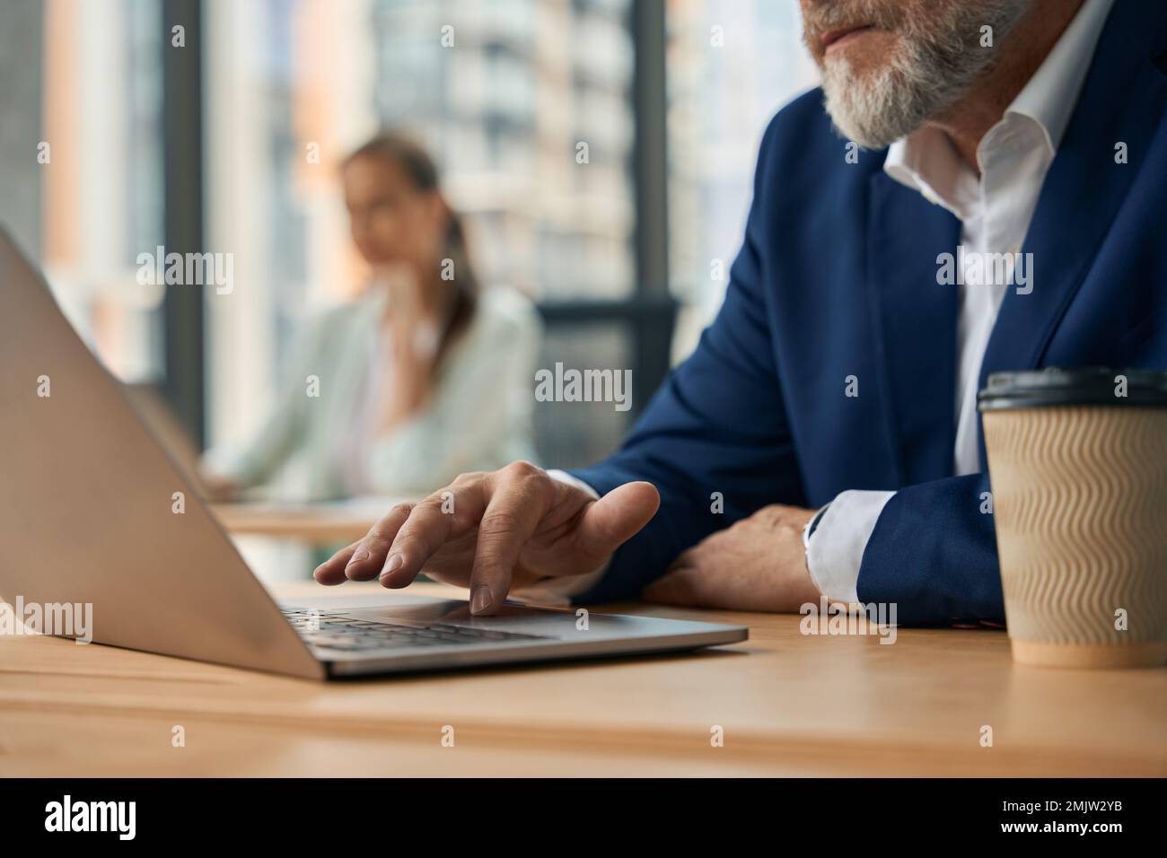 Aging businessman working on computer at shared workplace Stock Photo ...