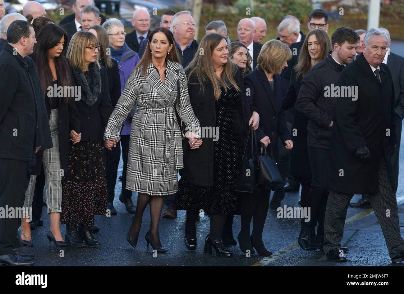 Mourners arrive for the Service of Thanksgiving at Bangor Abbey in Bangor, County Down for Alex and Ann Easton, the parents of Stormont Assembly member Alex Easton who died in a house fire in Co Down. Picture date: Saturday January 28, 2023. Stock Photo